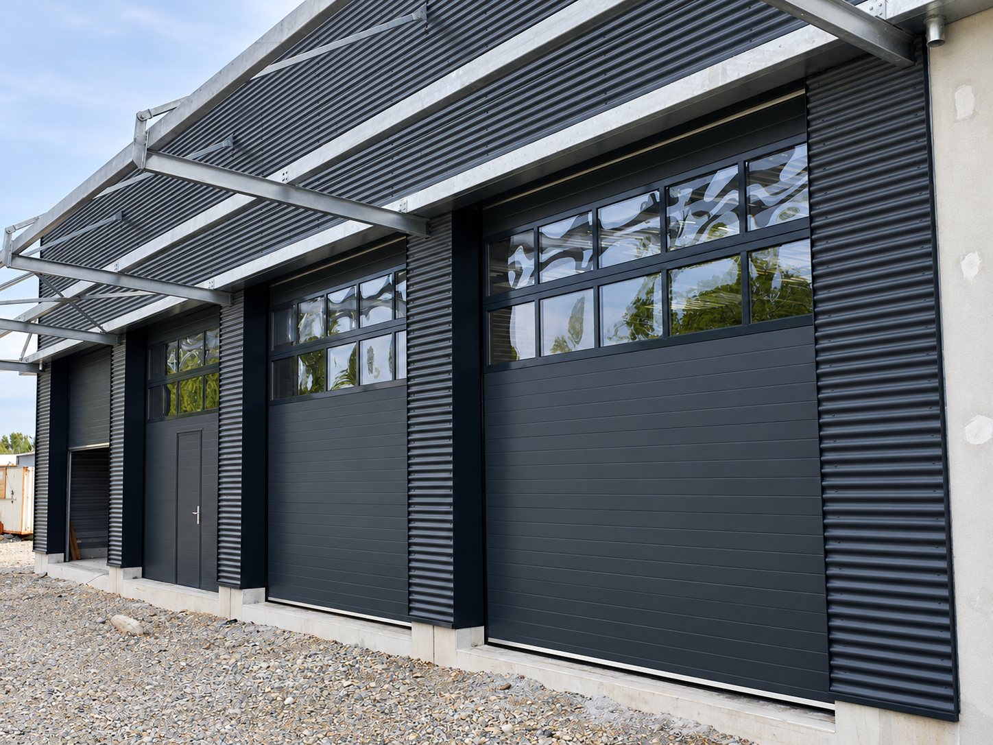 Façade d'un bâtiment industriel équipée de deux grandes portes sectionnelles gris anthracite vitrées, d'une porte piétonne et d'un bardage métallique ondulé sous un auvent.