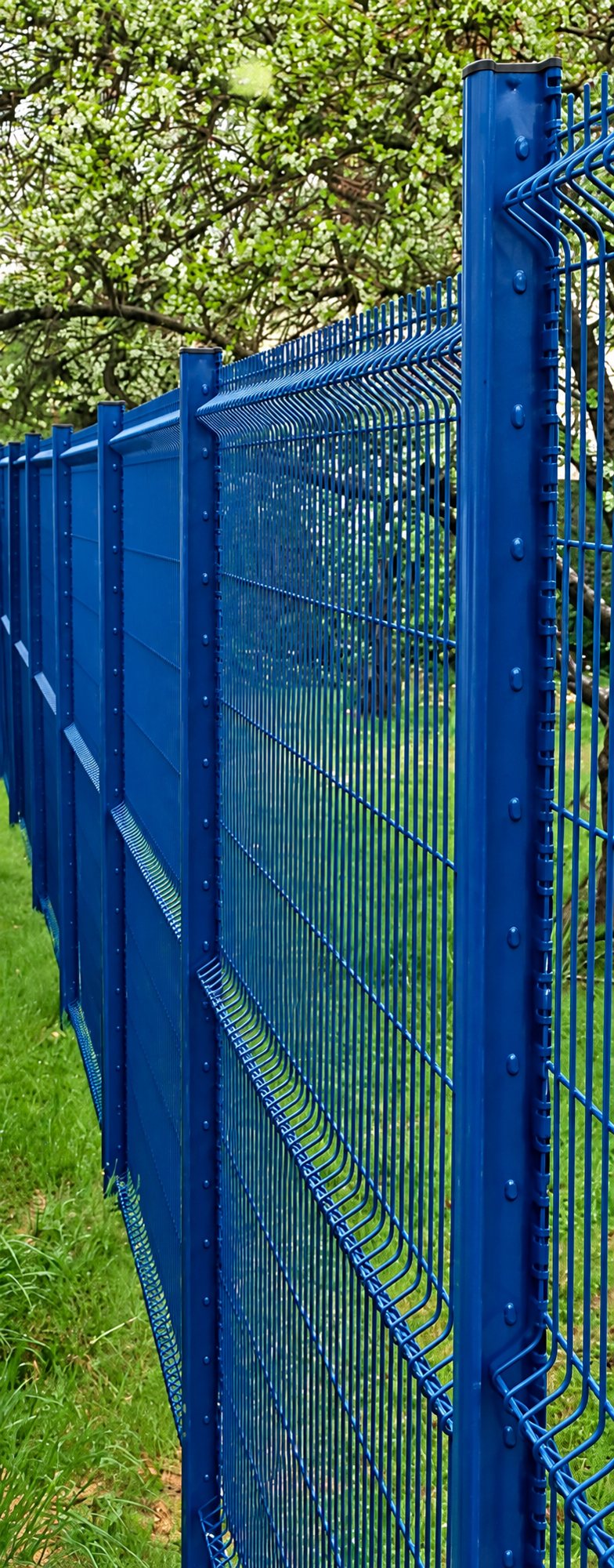 Une clôture en treillis métallique rigide de couleur bleue, fixée sur des poteaux, longe une pelouse verte sous des arbres en feuilles.