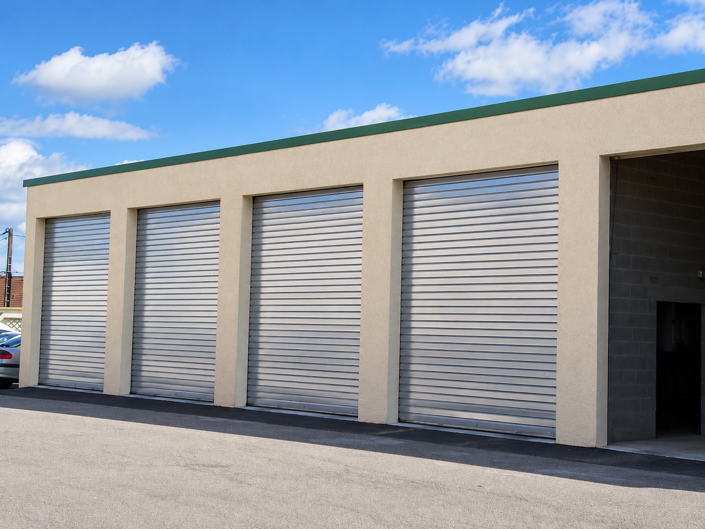 Façade beige d'un bâtiment de garages équipés de quatre rideaux métalliques roulants, avec une cinquième porte ouverte à droite.