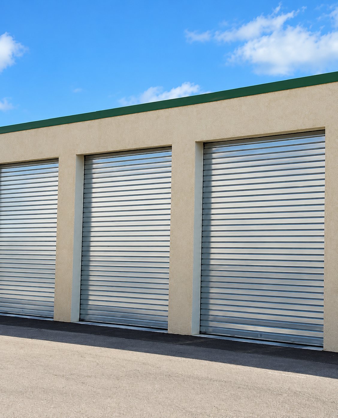 Façade beige d'un bâtiment de stockage équipé de trois portes à rideau métallique argenté, sous un ciel bleu avec quelques nuages.