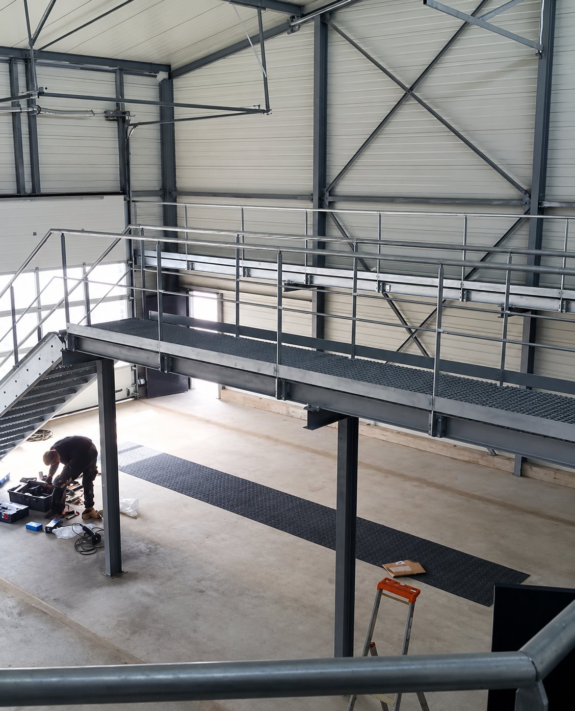 Une mezzanine en acier avec garde-corps et escalier est installée dans un entrepôt, tandis qu'un ouvrier travaille au sol près de son matériel.