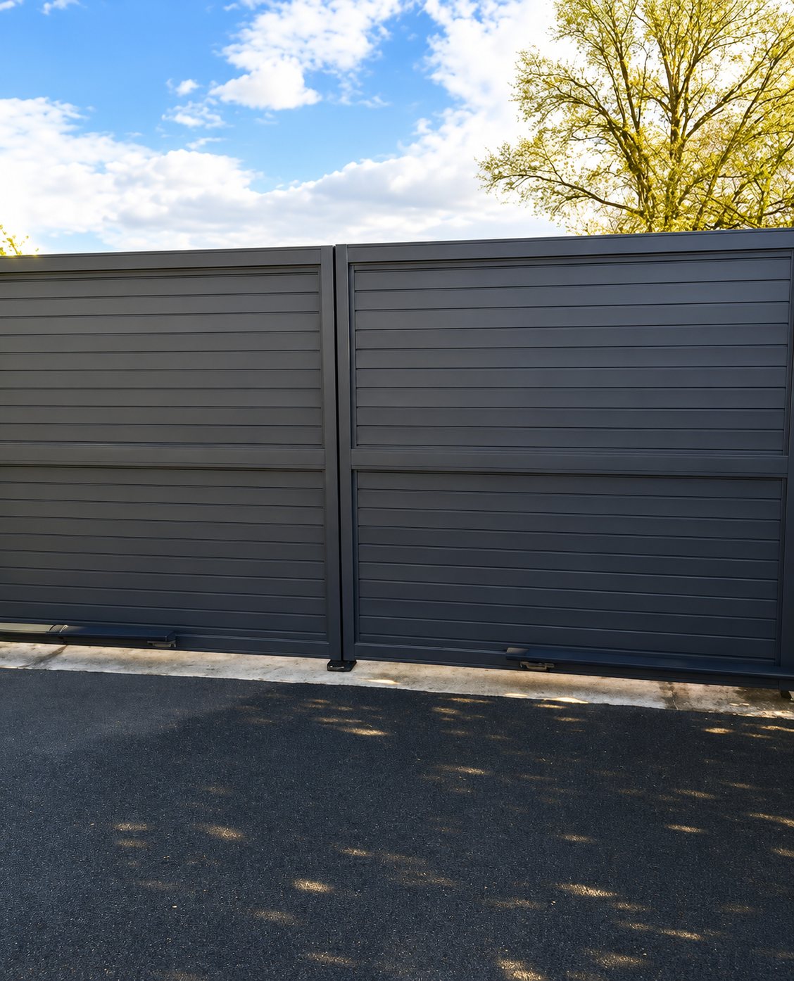 Un grand portail à deux vantaux gris anthracite aux lames horizontales, posé sur une entrée en enrobé, devant un ciel bleu et un arbre.