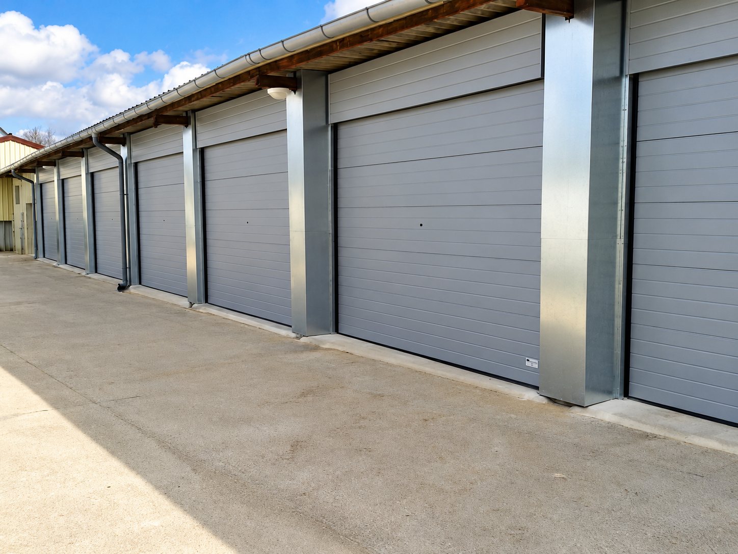 Une longue rangée de garages à portes sectionnelles grises, séparés par des poteaux métalliques, devant une cour en béton sous un ciel bleu.